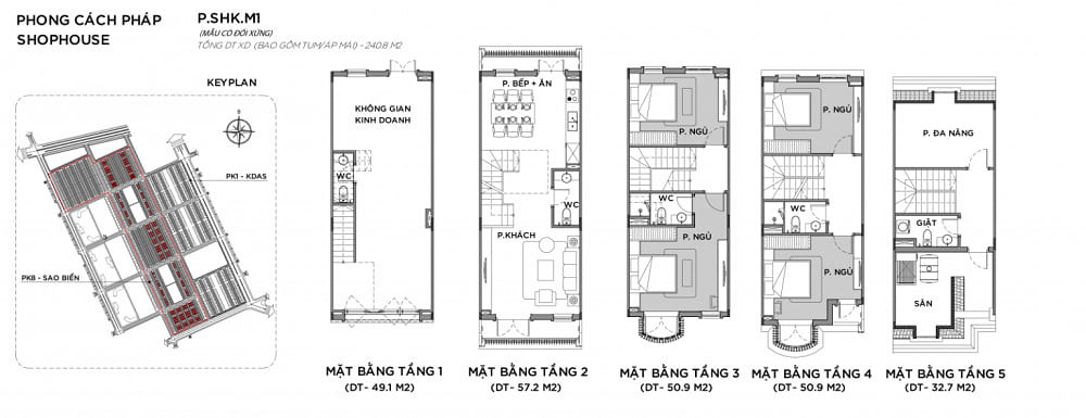 Mặt bằng bố trí các phòng chức năng của loại hình shophouse